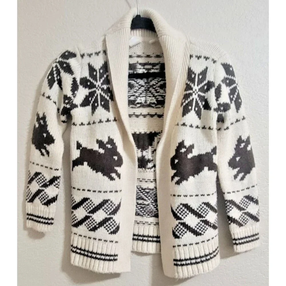 GAP Girl Open Cardigan Sweater Large 10-11 Wool Blend Cream & Brown Bunny Rabbit